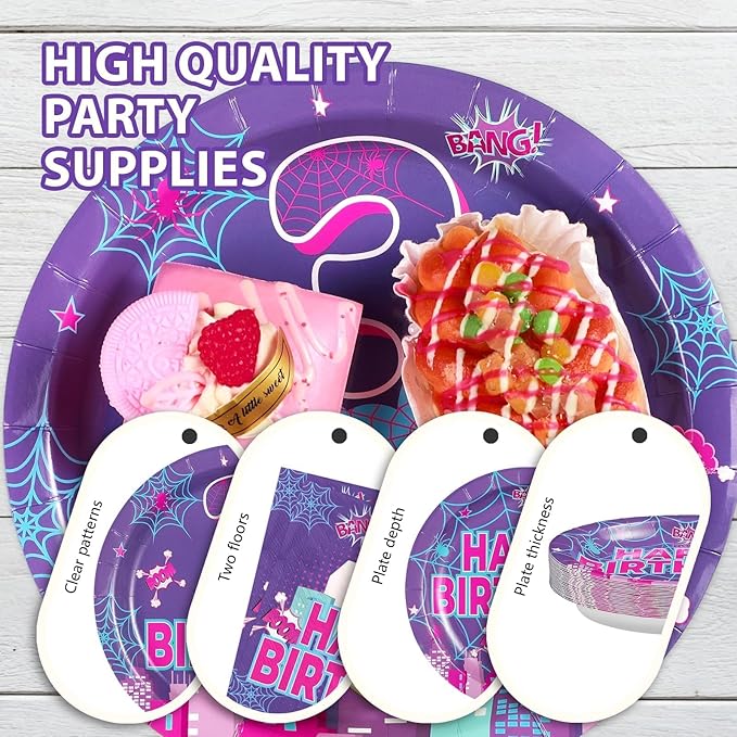 Purple Spider 3rd Birthday Party Decorations Purple Spider Themed Plates and Napkins Cartoon 3rd Decorations for 3 Years Old Boys Girls Kids Birthday Party Supplies