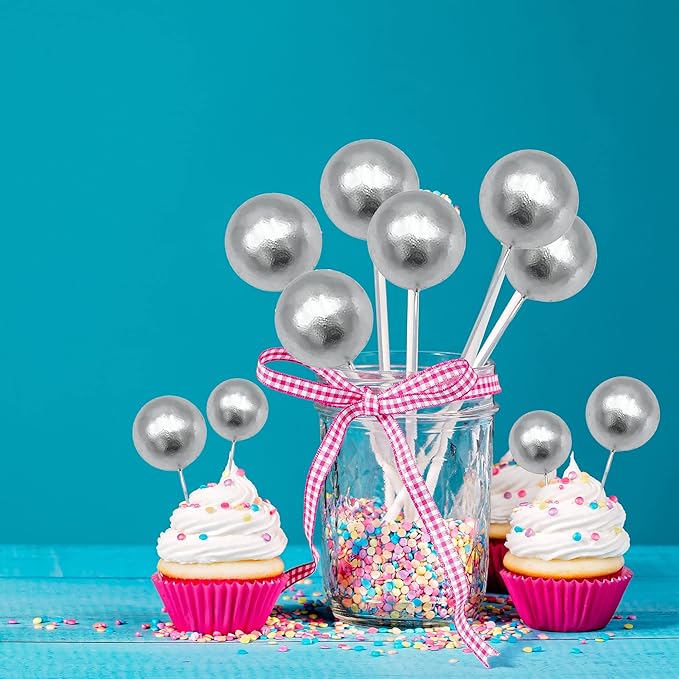 Gyufise 30Pcs Mini Balloon Cake Topper Foam Ball Cake Picks Cupcake Faux Pearl Balls DIY Cake Insert Topper Decoration for Anniversary Graduation Birthday Party Baby Shower Silver