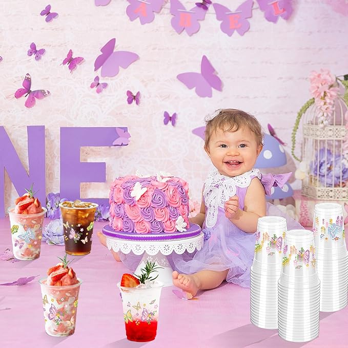 100 Pcs Butterfly Plastic Cups 12 oz Butterfly Disposable Cups Clear Butterfliy Theme Drinking Cup Spring Party Favor Drinking Beverage Cup for Baby Shower Birthday Party Supplies