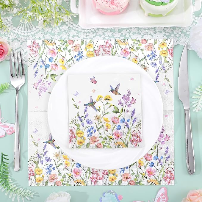 100 Pcs Wildflower Napkins, 2-Ply Floral Cocktail Napkins Spring Decoupage Napkin Butterfly Hummingbird Flower Dessert Beverage Napkin for Easter Baby Shower, Tea Party