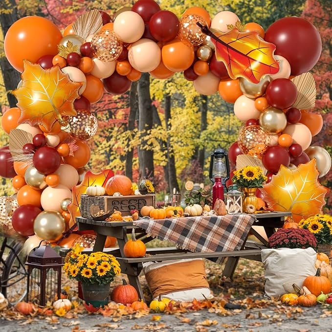 Orange Balloon Arch Kit, Thanksgiving Fall Balloons Garland with Leaf Foil Ballon Burgundy Burnt Orange Baloon for Autumn Birthday Hello Fall Shower Party Decorations