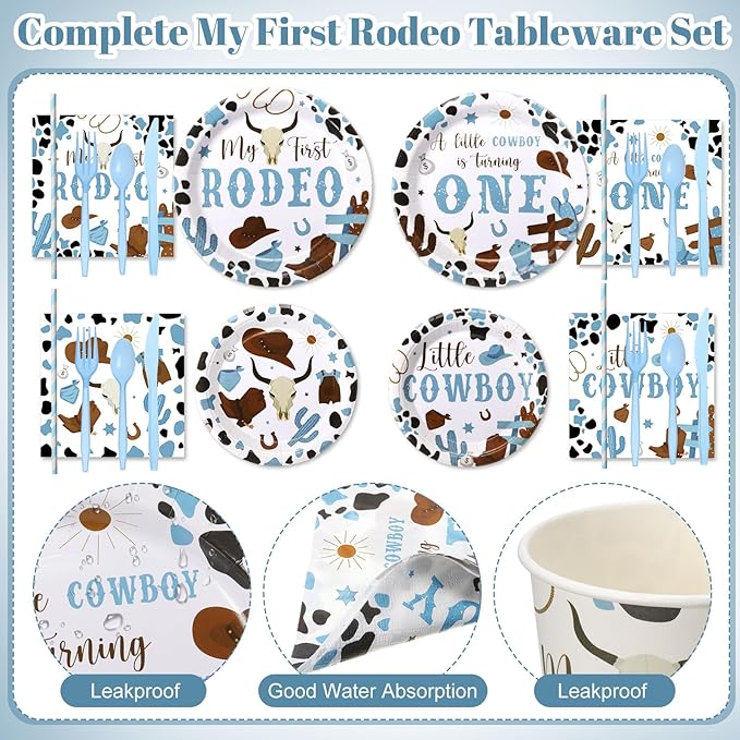 450 Pcs My First Rodeo Birthday Tableware Set Decorations Western Cowboy 1st Rodeo Paper Plates Disposable Napkins Cups Cutlery Straws for Boy Baby Shower Party Supplies, Serves 50
