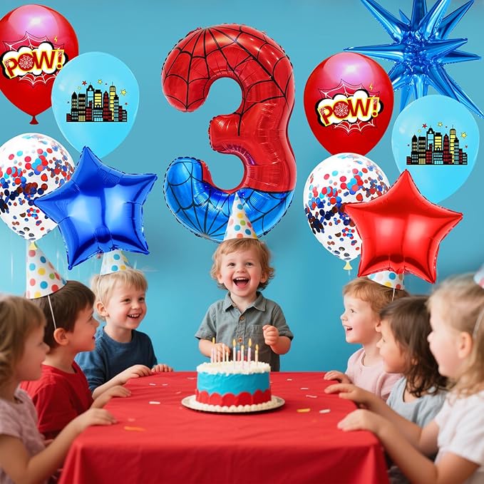 Spider Web Number 3 Balloon Birthday Decoration, Superhero Themed 40in Giant Mylar Number Party Supplies