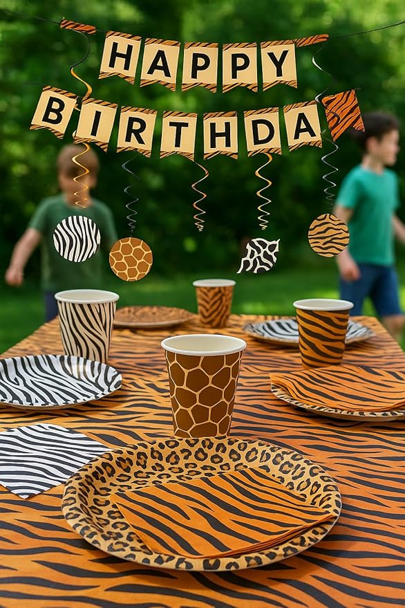 Serves 30 Guest Jungle Safari Zoo Animal Print Birthday Party Supplies Pack 9" Dinner Plates 7" Dessert Plates 12 oz Cups Napkins Zoo Animal Print Jungle Safari Themed