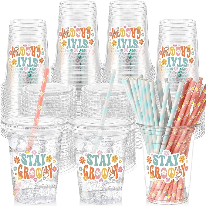 Yungyan 50 Sets Groovy Theme Party Plastic Cups with Lids and Straws 16 oz Coffee Juice Drinking Cups for Birthday Baby Shower Party Supplies