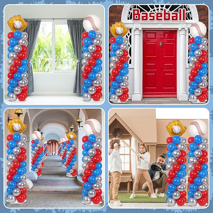 2 Sets Baseball Balloon Column Stand Kit With 102 Red Blue Silver Baseball Glove Foil Balloons Sport 5.57ft Adjustable Balloon Tower Stand With Bases Adjustable Arch Column for Game Birthday Supplies