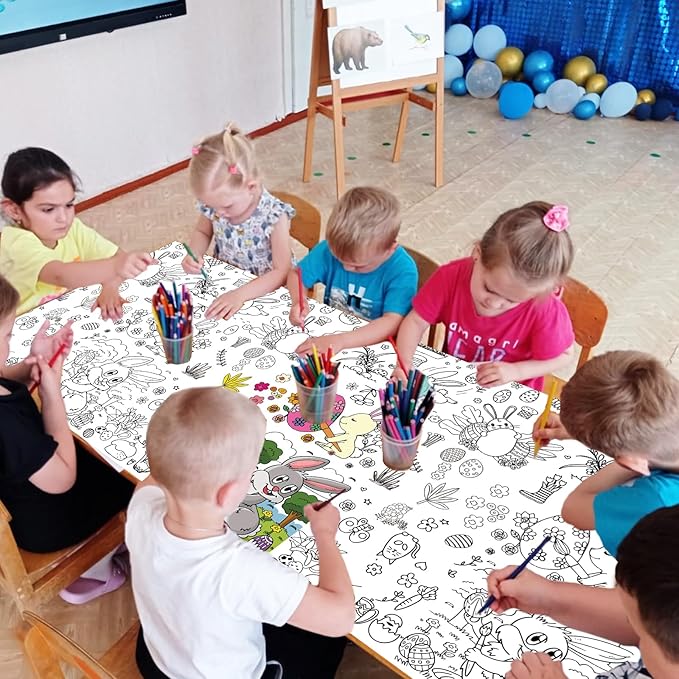Spring Easter Coloring Tablecloth for Kids: 72x30 Inch Activity Poster Crafts, Classroom Game, Spring and Easter Paper Table Cloth & Cover, Bunny & Egg Tablecloth Banner Party Supplies Decoration