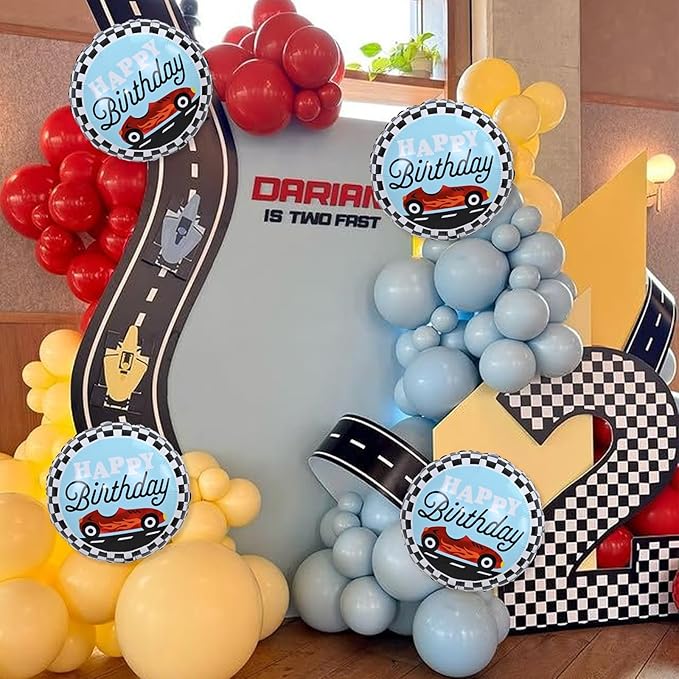 18 Inch Race Car Happy Birthday Balloons, 4pcs Black and White Checkered Racecar Foil Round Balloon, Two Fast One Birthday Decor for Kids Boys Racing Car Driver Monster Truck Theme Party Decorations