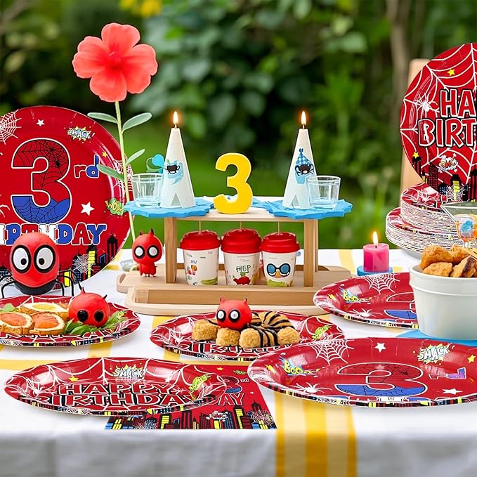 96Pcs Spider 3rd Birthday Decorations for Boys Super Theme Hero 3rd Birthday Plates and Napkins Blue Red Spider Three Year Old Decoration Favors for Kids 3 Year Old Party Supplies Serves 24