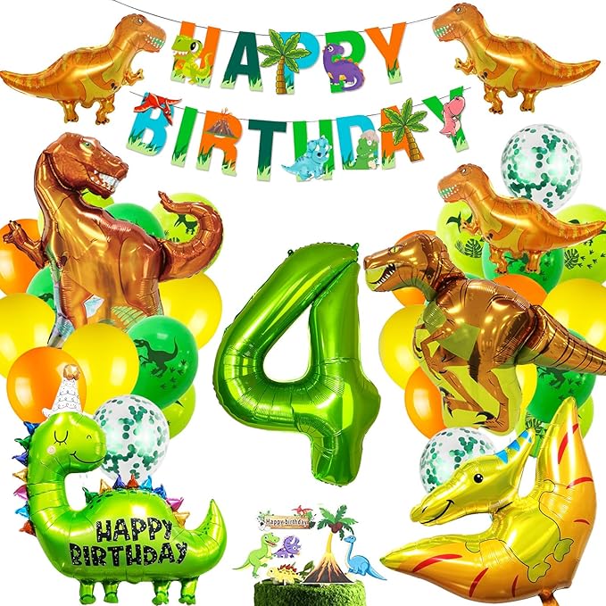 Dinosaur Birthday Party Supplies - Dinosaur Decorations, Foil Balloons, Banner & Cake Topper for 4 Year Olds