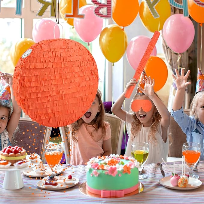 Orange Round Pinata with Stick Blindfold and Confetti DIY Blank Pinata for Adults Kids Birthday Party Supplies Carnivals Thanksgiving Decorations