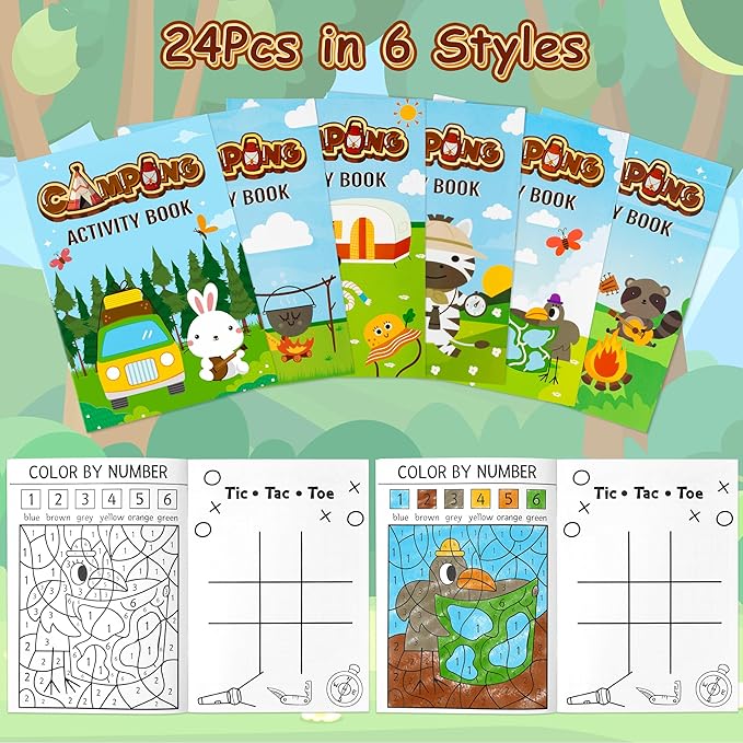 24Pcs Travel Camping Activity Books - Happy Camper Mini Fun Games Coloring Book Bulk Party Favors Goodie Bags Stuffers for Birthday Classroom School Students Rewards Supplies