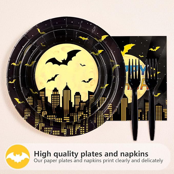 96Pcs Bat Theme Birthday Party Decorations Yellow Black Bat Birthday Dessert Plates and Napkins Set Cartoon Hero Decoration for Boys Baby Shower Super Theme Hero Bats Holiday Party Supplies Serves 24