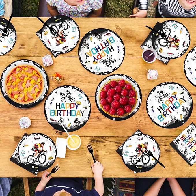 96Pcs Bicycle Birthday Party Decorations Mountain Bike Road Birthday Plates and Napkins Sets Sports Bicycle Racing Decorations for Boys Teens Adults Sports Bike Lover Bday Party Supplies Serves 24