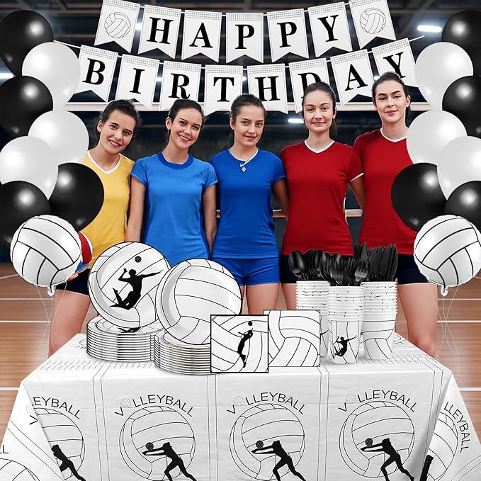 Zhehao 143 Pcs Black Volleyball Birthday Decorations Party Supplies Serves 24 Include Volleyball Themed Plate Fork Napkin Cup Banner Balloon Tablecloth for Sports Theme Birthday Party Favor