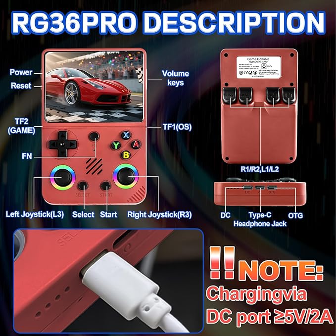 RG36PRO Video Game Console - Support 30000+Classic Games, 64G TF Card, Open Source System, 3.5-Inch Screen, 3000mAh Battery, Portable Console for Travel, Gift for Adult or Partner - Red