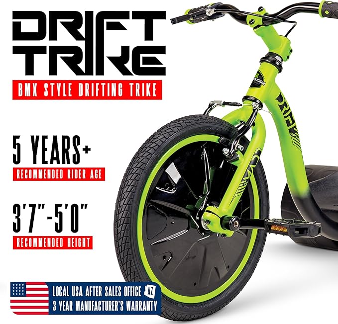 Drift Trike for Kids Ages 5+ – 16" Front Wheel Ride-On with Adjustable Seat, Steel Frame, Rear Slick Drift Wheels & Safety Flag – Madd Gear