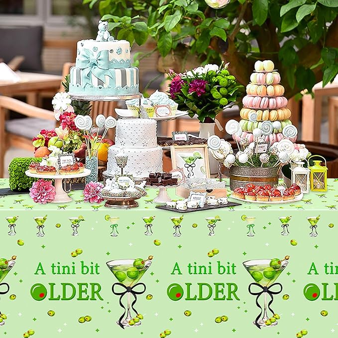 Black Green Martini Party Tablecloths - 3Pcs A Tini Bit Older Birthday Table Covers, Martini Bow Themed Party Decoration Plastic Disposable Rectangular Table Cloth Decor for Birthday Bachelorette