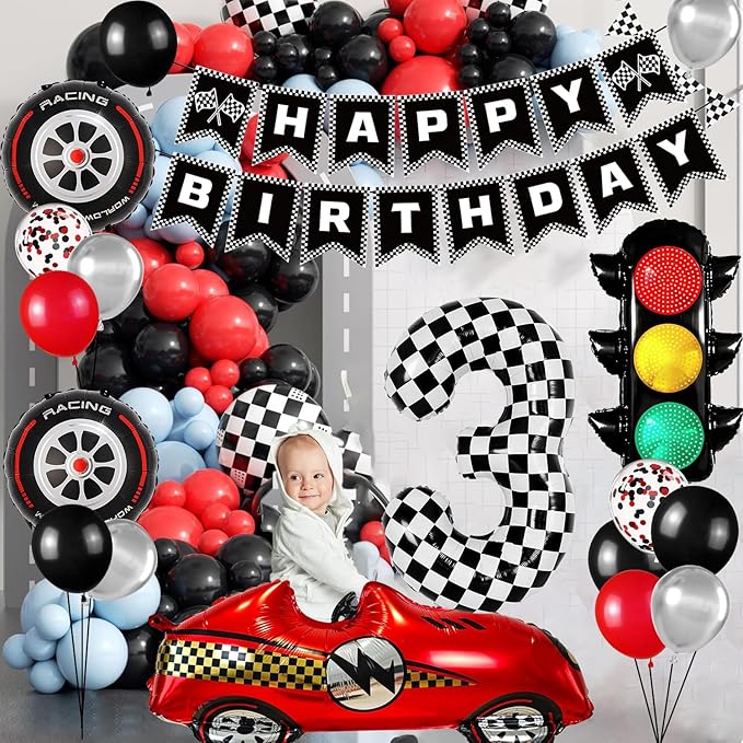 Race Car Birthday Party Decorations, with 40 Inch Number 3 Balloon, Happy Birthday Banner, Traffic Light and Foil Tire Balloon for 3rd Car Themed Birthday Party Supplies