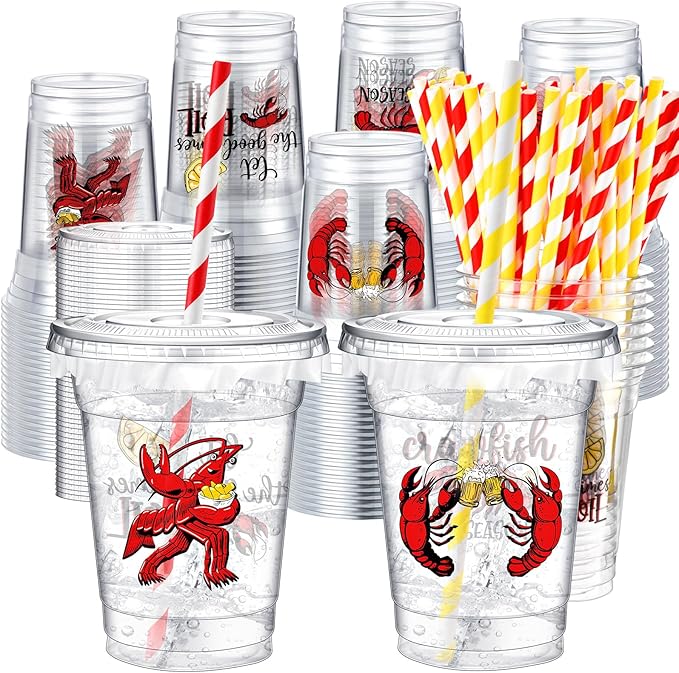 Domensi 50 Sets Plastic Crawfish Boil Cups with Straws 12 oz Disposable Plastic Cups Bulk Crawfish Boil Party Supplies Seafood Party Favors Lobster Feast Birthday Table Decorations