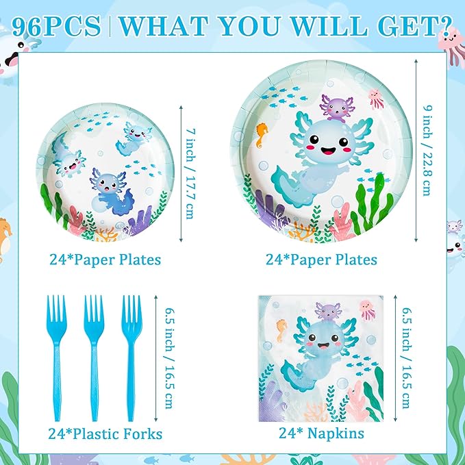 96Pcs Blue Axolotl Cute Cartoon Animals Party Plates Supplies Tableware Decorations Disposable Paper Plates Napkins Forks for Kids Birthday Baby Shower, Serves 24