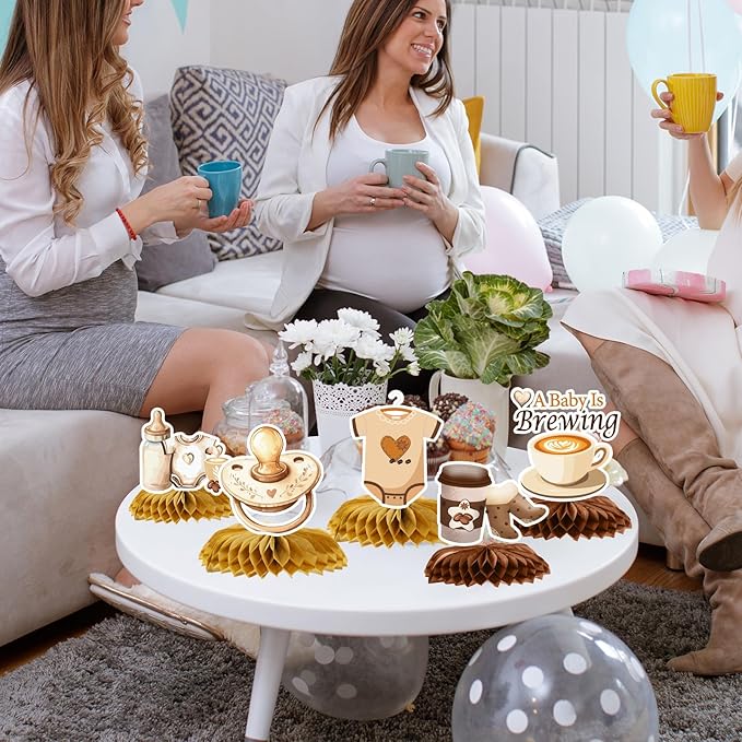 Gameza a Baby is Brewing Baby Shower Decorations, 9PCS Coffee Baby Shower Party Honeycomb Centerpieces Table Decorations, Coffee Themed Gender Reveal Decor Supplies