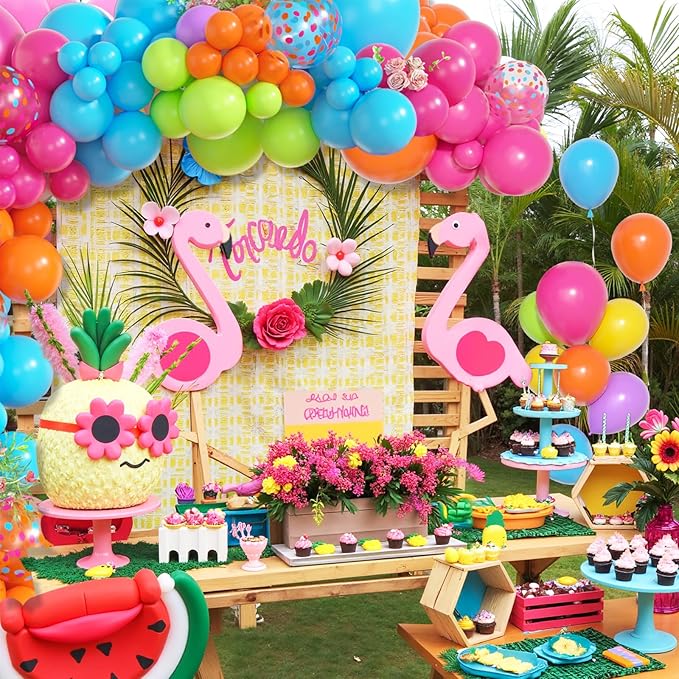 Amandir 153pcs Summer Tropical Balloon Arch Garland Kit Different Sizes 18 12 10 5inch Hot Pink Green Blue Yellow Purple Orange Rainbow Balloons for Hawaiian Luau Aloha Birthday Pool Party Decorations