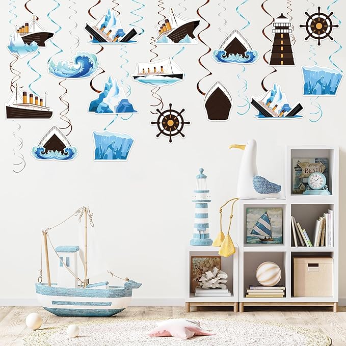 CHUNNIN 60PCS Nautical Party Supplies Cruise Hanging Swirls Ship Swirls Ocean Cruise Party Swirls Foil Ceiling Streamers for Nautical Cruise Theme Party Decor Ocean Theme Shower Birthday Favors