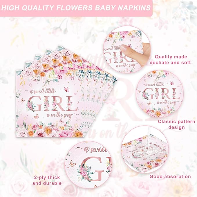 120Pcs Floral Baby Shower Decorations Pink Floral Baby Shower Party Supplies Baby Shower Plates and Cups and Napkins Sets Serve 20