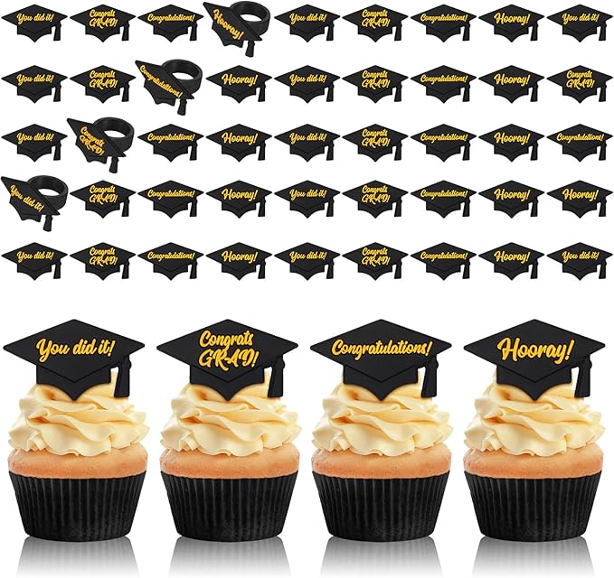 Chuangdi 48 Pieces Graduation Hat Sayings Cupcake Rings 2026 Congrats Grad Cupcake Toppers Rings Black Hat Cake Decorations for Graduation Party Supplies, 4 Styles