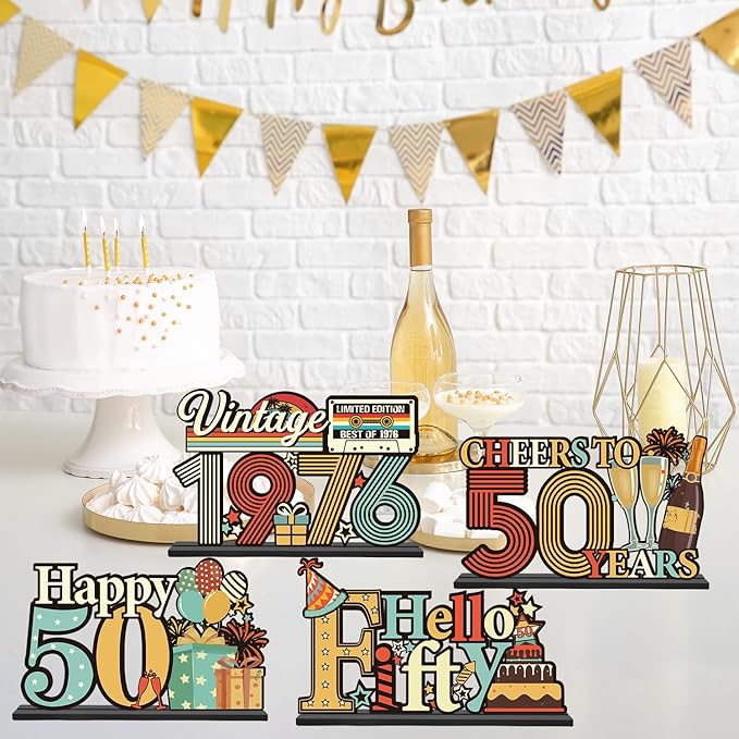 50th Birthday Decorations for Men Women - Colorful Vintage 1976 Fifty Birthday Wooden Centerpieces Table Decor, Cheers to 50 Years Old Bday Table Topper Sign Party Decor Supplies