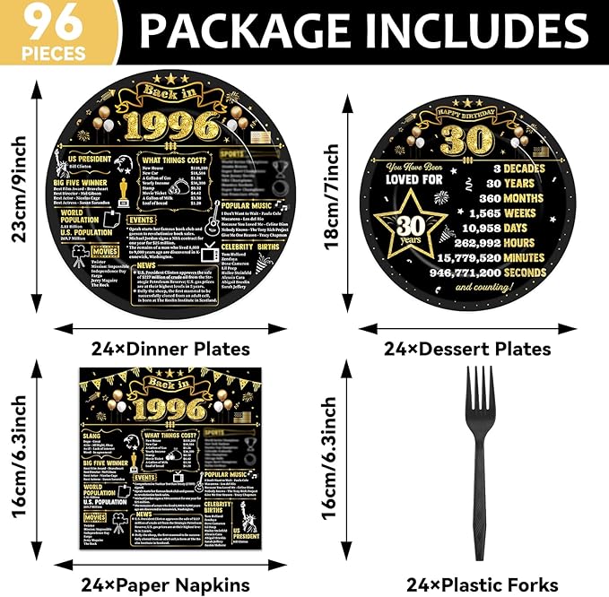 96Pcs 30th Birthday Plates and Napkins Back in 1996 Party Decorations Black Gold 30 Year Old Party Dessert Plates 1996 Birthday Tableware for 24 Guests 30th Theme Men Woman Bday Parties Supplies
