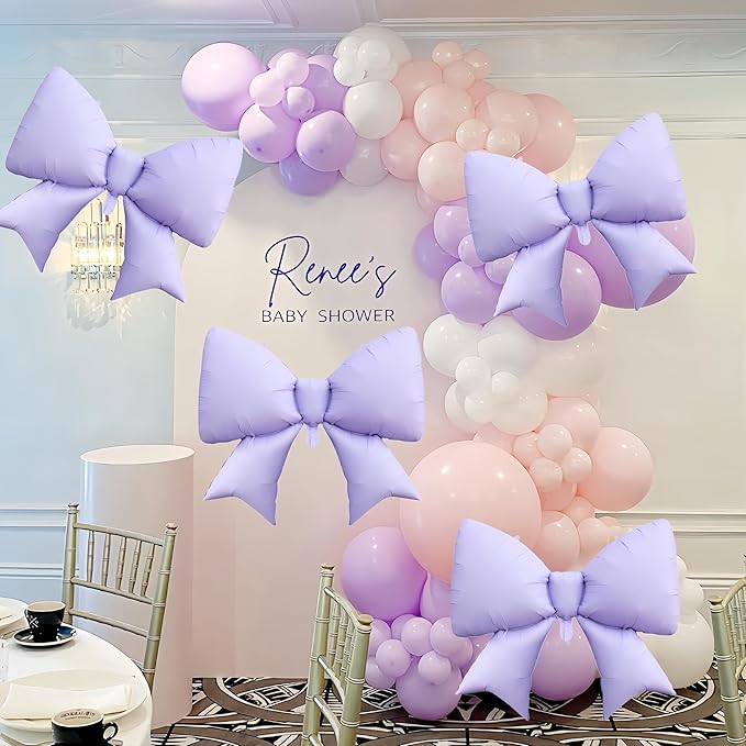 4 Pcs Giant Purple Bow Balloons 38 Inch/Lavender coquette Birthday Supplies/Tayl Singer Idol Demon Hunters Concert Balloon/Purple Bachelorette Bridal Engagement Wedding Anniversary Decor for Women