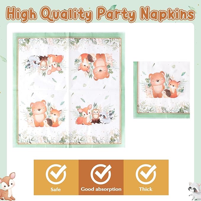 96Pcs Woodland Animal Baby Shower Greenery Wild Creatures Forest Party Plates Supplies Tableware Decoration Disposable Paper Plate Napkin Fork for Birthday, Serves 24