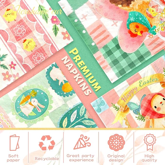 Easter Napkins 24PCS, Pink Green Bunny Floral Paper Napkins, 3-Ply Disposable Happy Easter Napkins for Spring Holiday Party Baby Shower Wedding Birthday Table Napkins Decorations