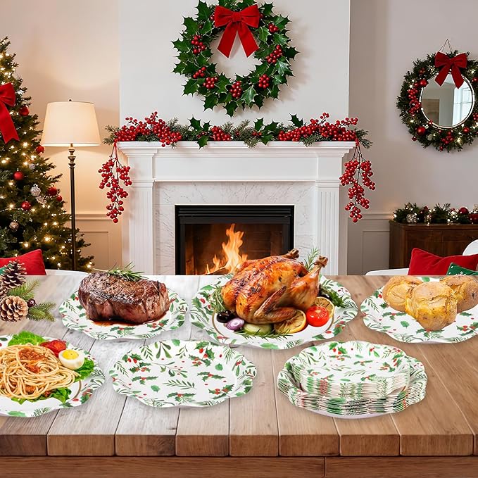 24 Pcs Merry Christmas Paper Plates Set - Disposable Round Christmas Plates, Holly Leaf Red Berry Dinner Dessert Plate Paper Dinnerware Kit for Winter Xmas Party Table Decorations Supplies Favors