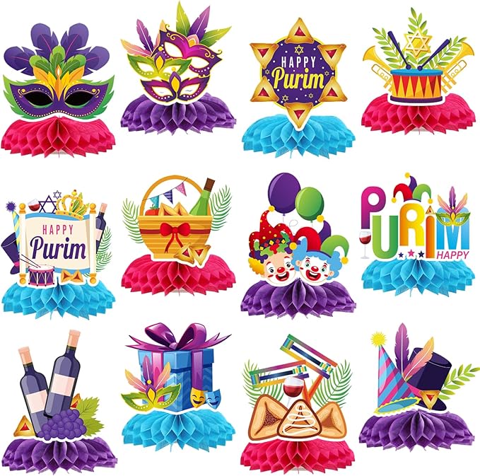 Happy Purim Decorations for Party - 12PCS Purim Party Honeycomb Centerpieces Table Decor, Jewish Groggers Hamantaschen Festival Holiday Carnival Supplies