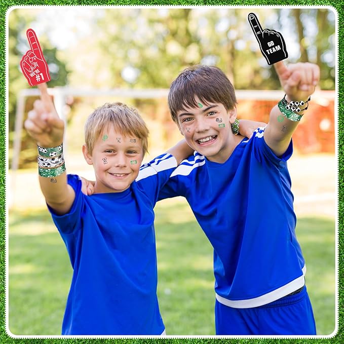 Aoriher 120 Pcs Soccer Sports Party Favors Set Serve 24, Soccer Goodie Bulk Foam Finger Mini Stress Ball Slap Bracelet Charm Bracelet Stamp for Girl Boy Kids Party Supplies