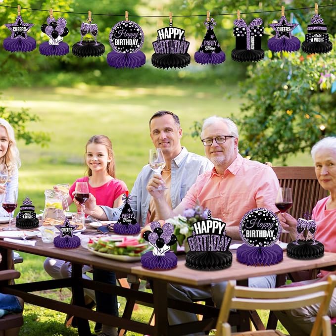 Pajean 8 Pieces Purple and Black Birthday Party Honeycomb Centerpieces Purple Black Table Centerpieces Decorations Table Centerpiece Sign for Kids Adults Party Supplies