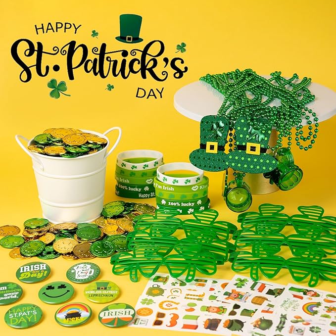 188Pcs St. Patrick's Day Accessories Party Favor Set, Necklaces, Shamrock Glasses, Mustaches, Bracelets, Badges, Tattoo Stickers, Coins for Irish Party Supplies