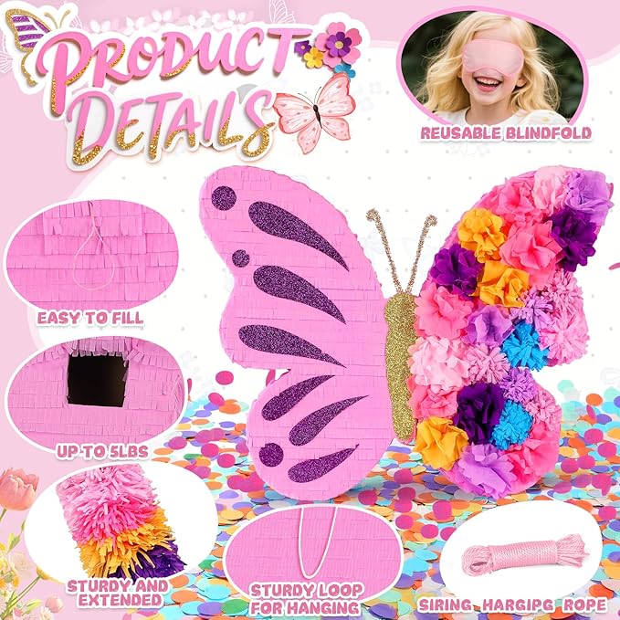 27" Extra Large Butterfly Pinata with Stick and Blindfold for Themed Party Decoration, Spring Party Supplies