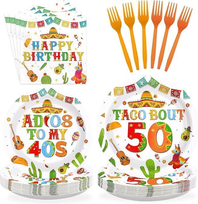 96Pcs Taco 50th Birthday Party Supplies Mexican Fiesta Adios To My 40s Plates and Napkins Disposable Mexican Tableware Sets for Adults Cinco De Mayo 50 Years Old Birthday Decorations,Serves 24