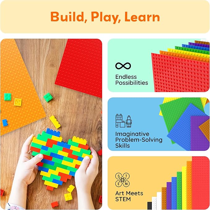 PicassoTiles Brick Baseplate Classic Building Block Foundation Kit 10 Pack 10"x10" Platform Multi Color Bricks Stud Blocks Compatible with All Major Brands STEM Construction Set Kids Ages 3+ PBS01
