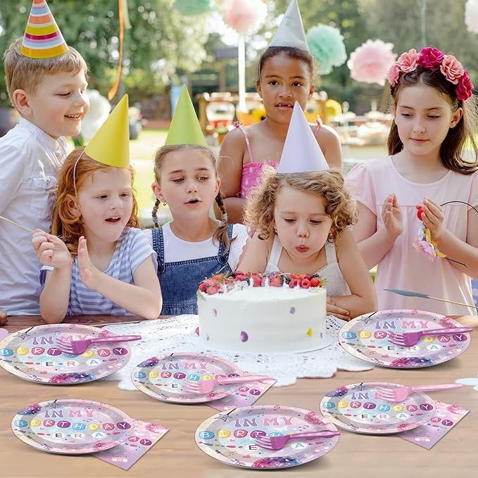 OBUSATT 96 Pcs In My Birthday Era Music Friendship Birthday Party Supplies Pink Singer Themed Disposable Tableware Set Serves 24