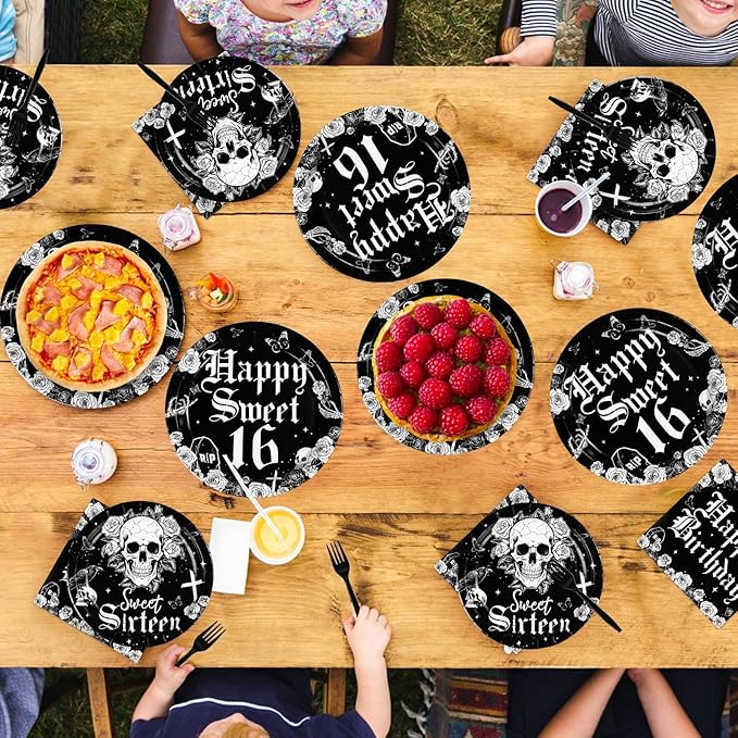 96Pcs Gothic Birthday 16th Party Decorations Goth Skeleton Plates and Napkins Tableware Sets Gothic Black White Skull Sweet Sixteen Decorations for 16 Years Old Birthday Party Supplies Serve 24