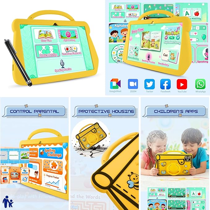 Kids Tablet, 10.1 inch Android 14.0 Tablet for Ages 3-12, Octa-core CPU, 10GB+64GB+1TB Expand, SIM, WiFi, 6000mAh Battery, HD IPS Eye-Care Display, Protective Case, Gift(Yellow)