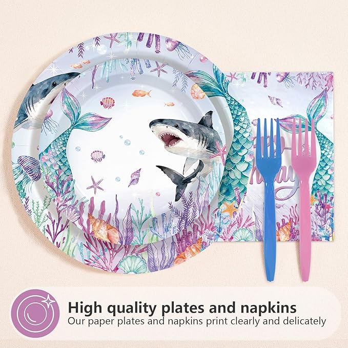 96Pcs Mermaid Shark Happy Birthday Decorations Ocean Sea Plates and Napkins Disposable Mermaid Shark Bday Paper Tableware for Girls Baby Kids Boys Birthday Baby Shower Bday Party Supplies Serves 24