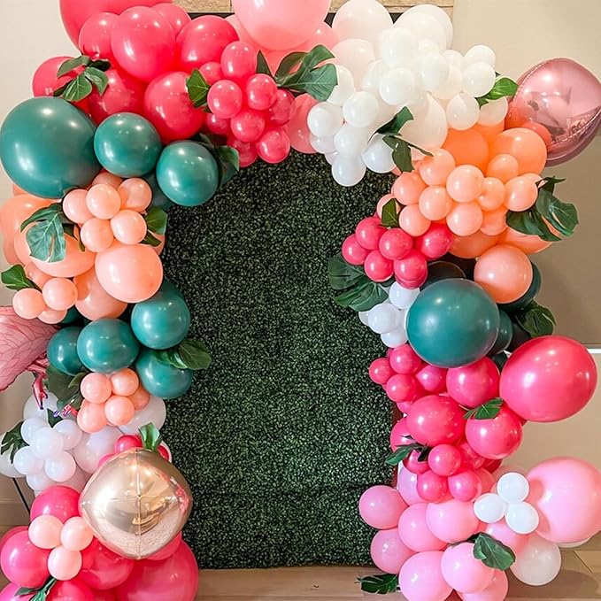 Pink Flamingo Balloons Garland Arch Kit Tropical Balloons with Olive Green Pastel Pink Red Chrome Green Hot Pink Latex Balloon for Summer Beach Hawaii Party Birthday Luau Aloha Decoration