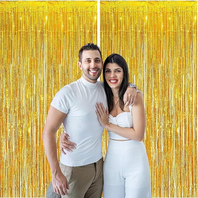 2 Pack Gold Foil Fringe Curtains, 3.3x6.6 Ft Metallic Tinsel Backdrop Party Decorations Door Gold Streamers for Birthday Wedding Engagement Decor,Photo Booth Props, Party Supplies