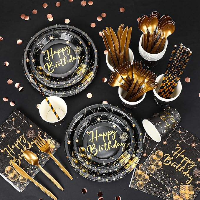 Sawysine 202 Pcs Black and Gold Happy Birthday Party Supplies Disposable Dinnerware Set 50 Plates 25 Cups 25 Napkins 25 Plastic Forks 25 Knives 25 Spoons 25 Straw Flag Tablecloth to Serve 25 Guests